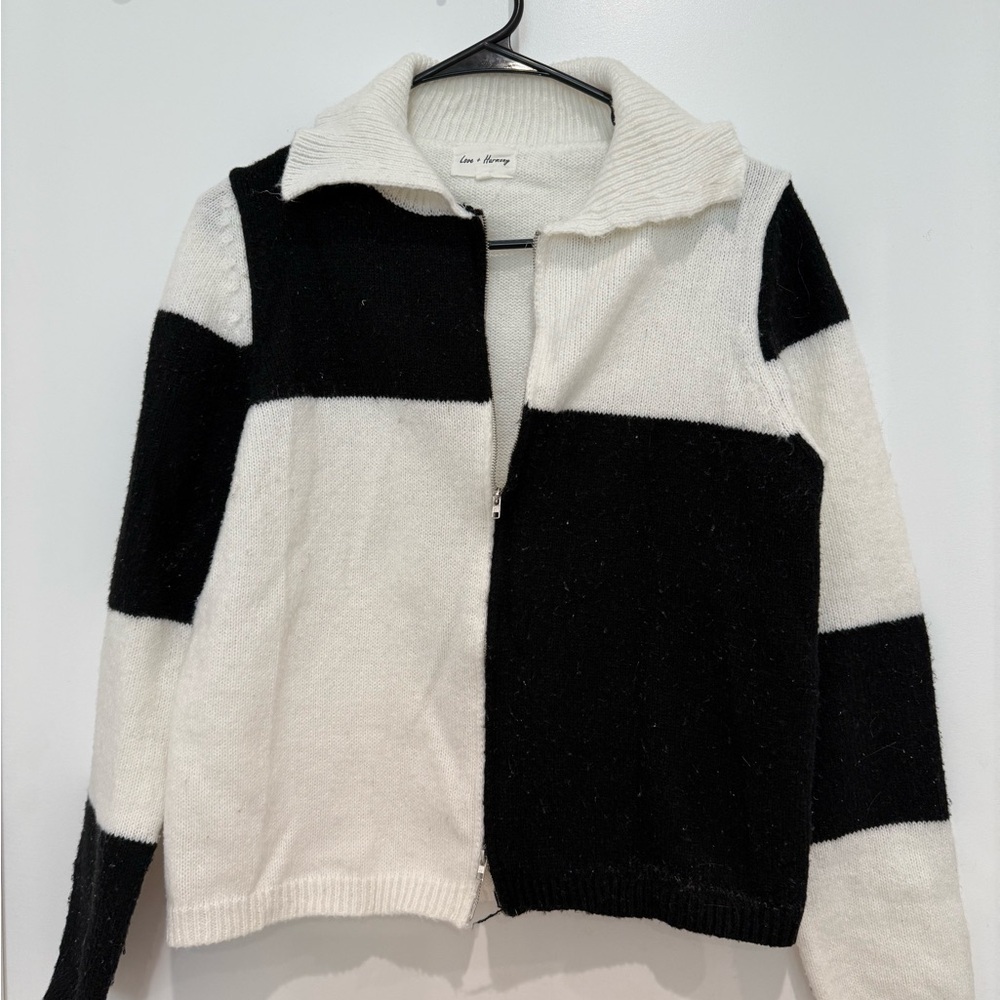 Black and White Block Zip-Up Sweater